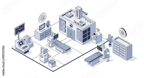 Isometric Smart Hospital Illustration with High-Tech Medical Equipment and Digital Healthcare Systems