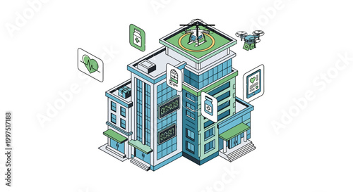 Isometric Smart Hospital Building with Medical Delivery Drone, Helicopter, and Digital Healthcare Icons