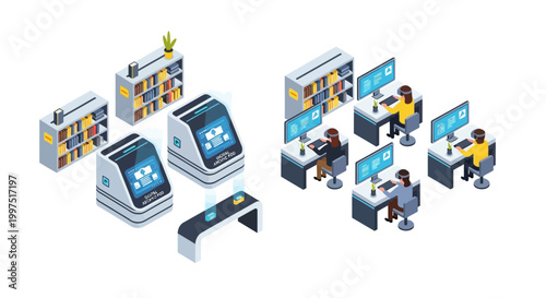 Isometric Future Digital Library and Research Workspace with VR Headsets and Archive Pods