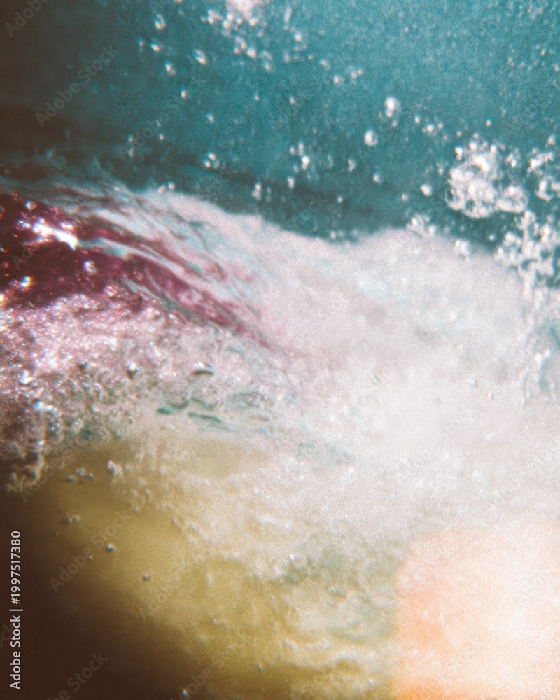 Fototapeta premium Deep teal viscous fluid swirls with coral rose highlights and air bubbles for artistic wallpaper, abstract book cover art and creative web background designs