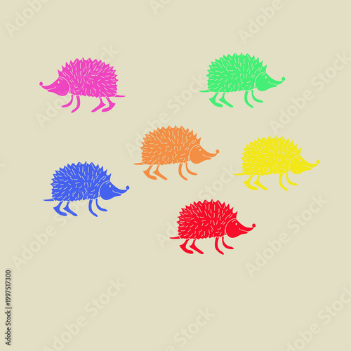 Stylized colored hedgehogs. Hand drawn.