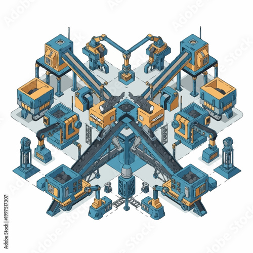 Isometric illustration of an automated factory production line with conveyor belts and robotic arms.
