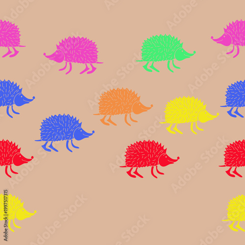Horizontal  colored hedgehogs. Hand drawn.