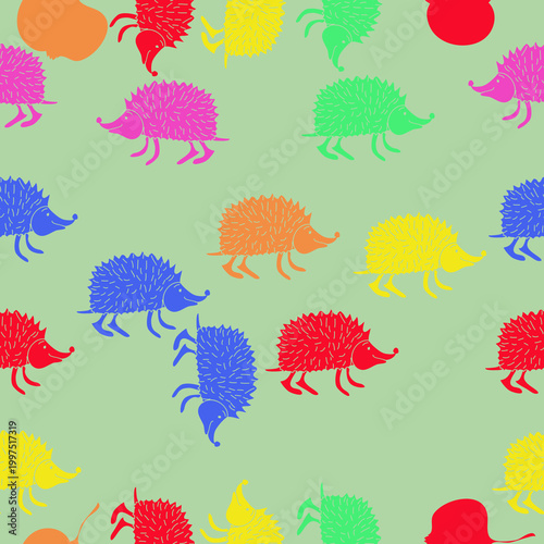 Seamless  colored hedgehogs. Hand drawn.