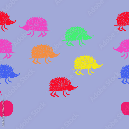 Horizontal  colored hedgehogs. Hand drawn.