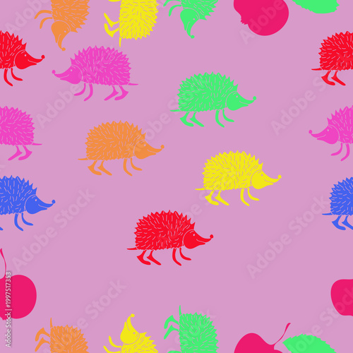 Seamless   colored hedgehogs. Hand drawn.
