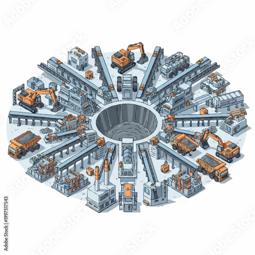 Complex industrial mining operation with excavators, conveyor belts, and processing machinery arranged in a circular pattern around a central pit.