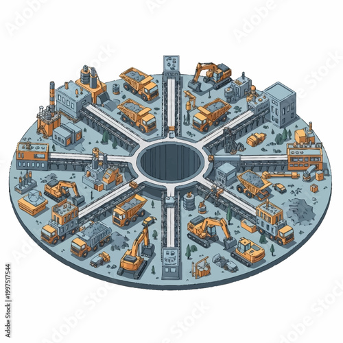 Circular industrial complex with heavy machinery and factories, illustrating a production cycle.