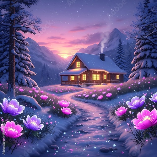 Cozy cabin in snowy mountains, illuminated by sunset, with glowing flowers