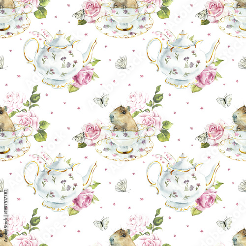 Photos Seamless pattern with capybara and roses