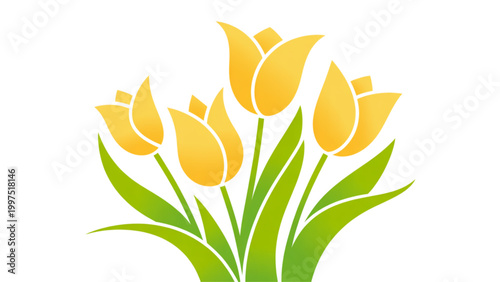 Bright yellow tulips bouquet in a simple vase with green leaves Vector
