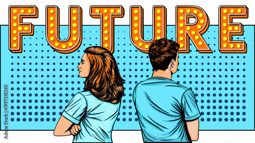 future illustration with couple in pop art style high quality professional