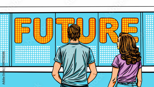 pop art illustration of two people looking at future sign
