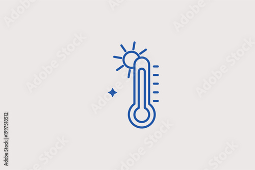Hot sun thermometer line icon for heatwave alerts and high-temperature climate monitoring. Sizzling vector illustration for summer safety advisories and global warming statistical reports.