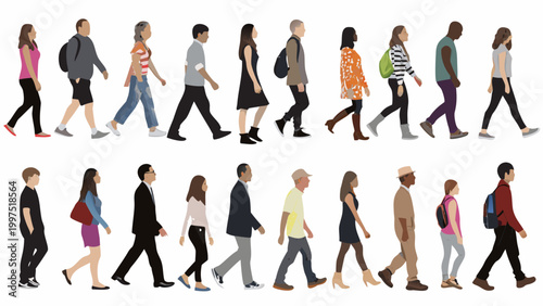grid of diverse people walking in various outfits high quality professional