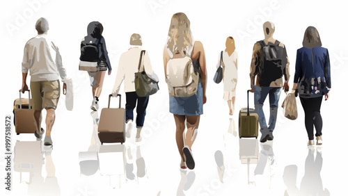people walking away with luggage in watercolor style high quality professional
