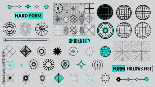 dynamic collage of geometric shapes and patterns on gray background