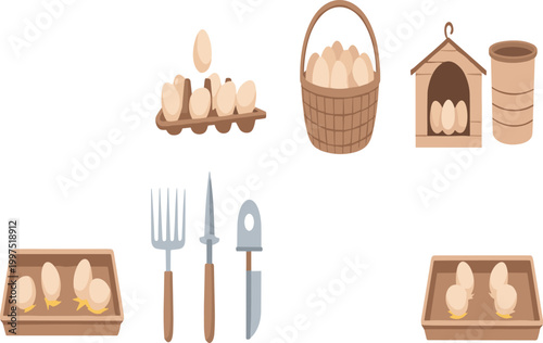 Farm Fresh Egg Production Icon Set Featuring Egg Cartons, Wicker Baskets, Incubation Trays, Poultry Tools, and Small Chicken Coop for Organic Farming and Agriculture Designs