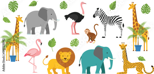 Cute safari animals collection with lion elephant giraffe zebra flamingo ostrich monkey and tropical leaves, colorful cartoon wildlife set isolated on light background vector illustration
