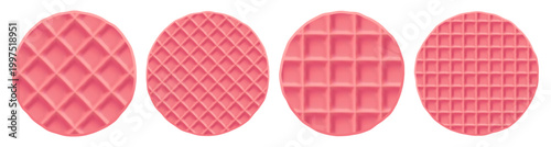 Waffle round cracker, circle crepe pancake, stroopwafel brunch. Pink wafer icon and emoji of croffle christmas, graham dutch pattern. Candy texture of cookie with mint chocolate, 3d vector caramel