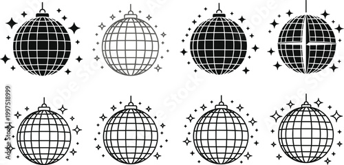 Disco ball icons collection with sparkling mirror spheres, retro party glitter elements set isolated on light background vector illustration