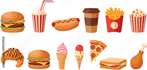 Fast food and dessert icons collection with burger soda hot dog fries popcorn pizza ice cream and sandwich, colorful takeaway menu vector illustration
