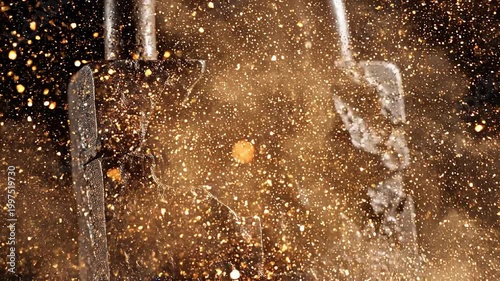 Metal lock shattering dust explosion, broken chain security close up macro view of cracked rust keyhole padlock with sparks and metal fragments