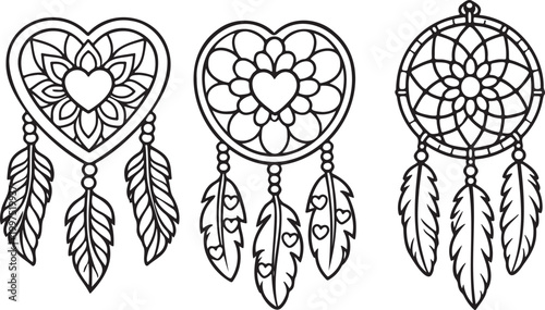 Set of three hand drawn dreamcatcher line art designs featuring heart shapes and feathers with symmetrical patterns isolated on a white background for coloring book pages and craft projects