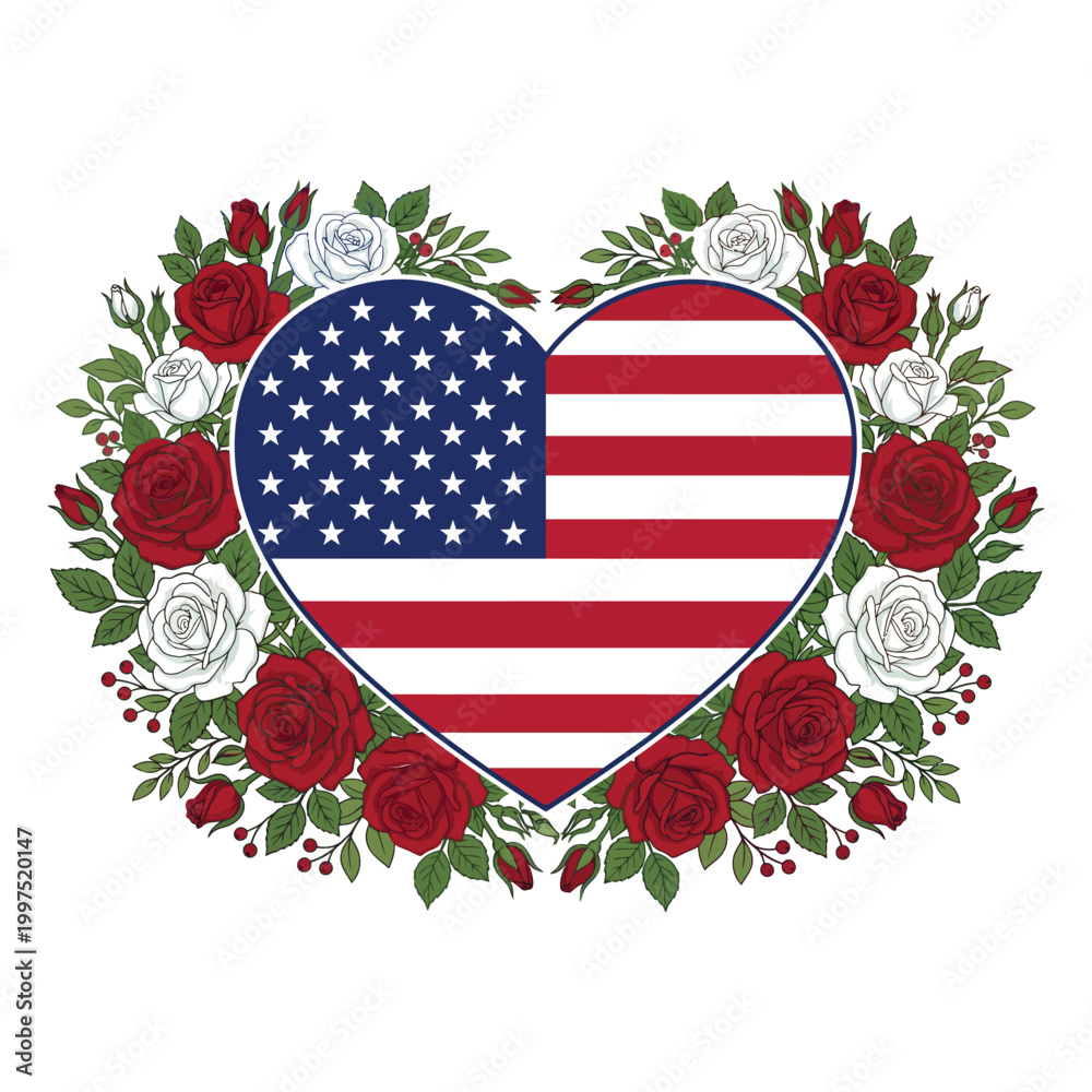 Obraz premium Patriotic American Flag Heart Floral Illustration - USA Flag Design with Elegant Red and White Roses Wreath for Mother's Day and July 4th Gift