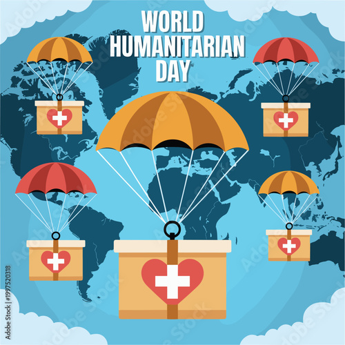 World humanitarian day aid parachutes over map.