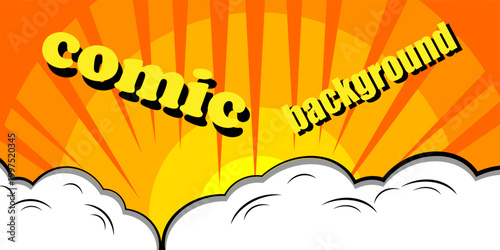 Sunset bright pop art comic background with halftone color and funny cloud vector