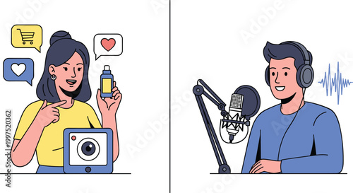Social media influencer and podcast host content creator concept illustration set