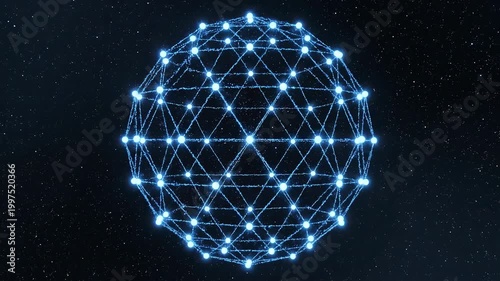 Glowing network sphere and connected node geometry web with abstract blue galaxy nebula star particle streak, digital data technology cyberspace