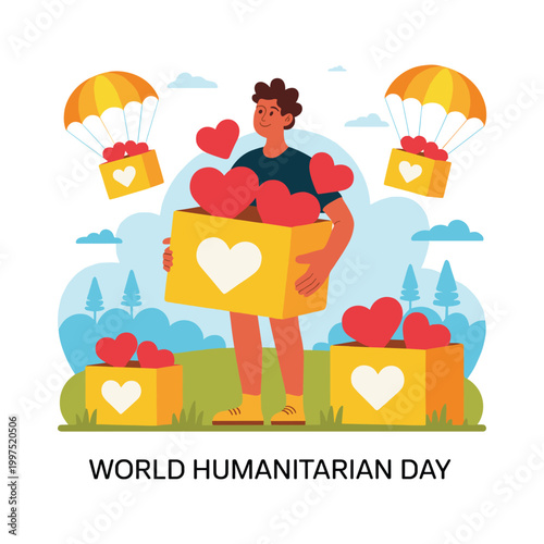 Man with hearts in boxes for humanitarian day.