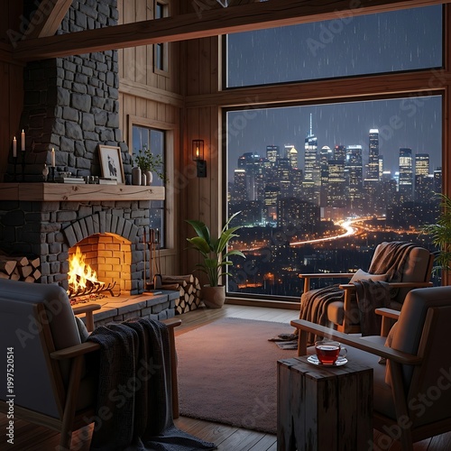 Cozy cabin interior with roaring fire, city lights, and rainy night view