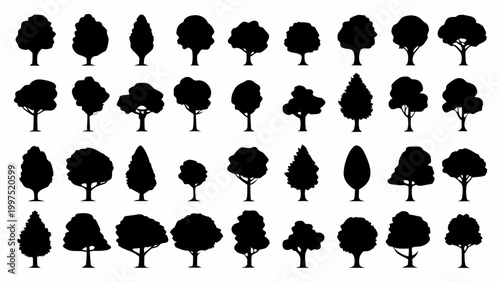 collection of tree silhouettes in black on white background high quality