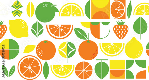 Seamless citrus fruit pattern with orange lemon lime and strawberry flat vector illustration colorful geometric background for summer design packaging and wallpaper