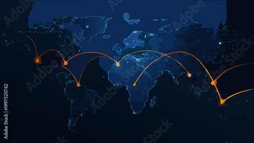world map with global network connections on dark blue background