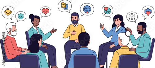 Group therapy session with people sharing mental health support illustration