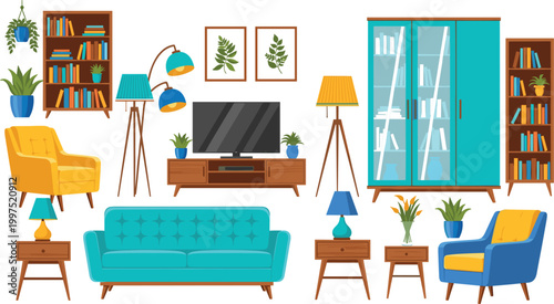 Modern living room interior vector set with furniture, sofa, armchair, bookshelf, cabinet, plants, lamps and home decor elements collection