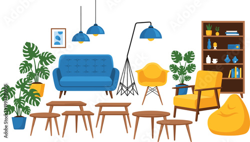 Modern living room furniture set with sofa armchair tables bookshelf plants and decor elements, cozy interior design collection isolated on light background vector illustration