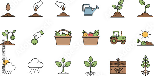 Gardening and plant cultivation flat icons set with watering harvest and growth