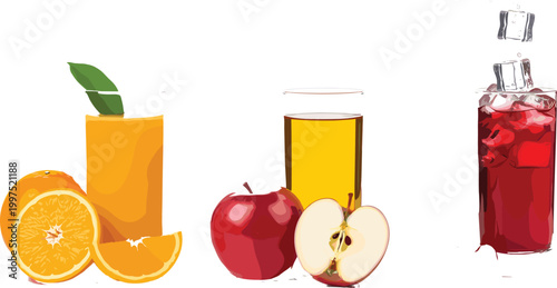 Fresh fruit juice set with orange apple and berry drinks, realistic glasses with sliced fruits and ice cubes isolated on light background vector illustration