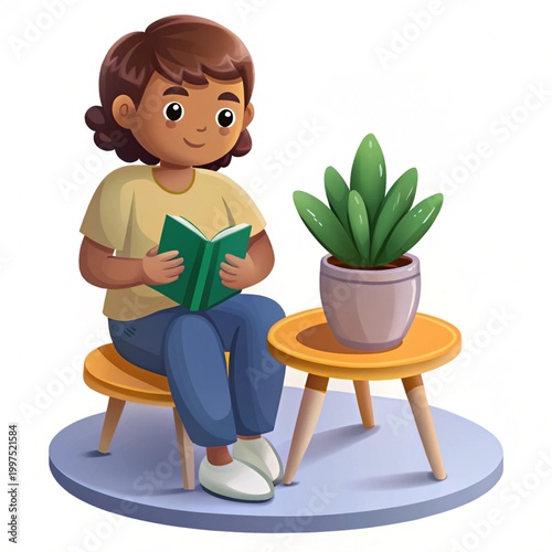 Reading book near indoor plant illustration