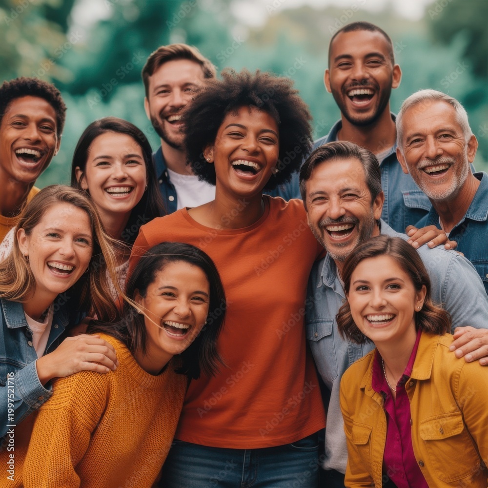 Obraz premium Multiracial group of people laughing together in a vibrant outdoor setting for diversity campaigns, community outreach and lifestyle brand advertising