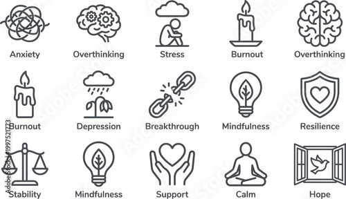 Icons representing mental health struggles and wellness strategies are.