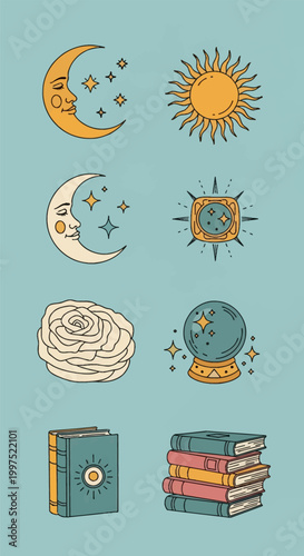 Collection of hand-drawn mystical and celestial icons featuring crescent moons with human faces, stars, a sun, crystal ball, magic books, and a rose on a blue background.