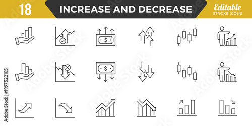 Increase and Decrease line Editable Icons set. Graph, Diagram, business growth, finance, economy, statistics, summary, profit, fall, arrow up, down,
and more. Simple vector icons. Editable Stroke.