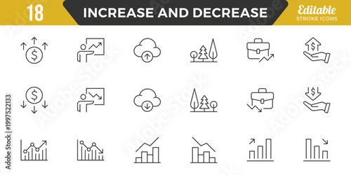 Increase and Decrease line Editable Icons set. Graph, Diagram, business growth, finance, economy, statistics, summary, profit, fall, arrow up, down,
and more. Simple vector icons. Editable Stroke.