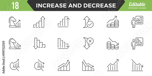 Increase and Decrease line Editable Icons set. Graph, Diagram, business growth, finance, economy, statistics, summary, profit, fall, arrow up, down,
and more. Simple vector icons. Editable Stroke.